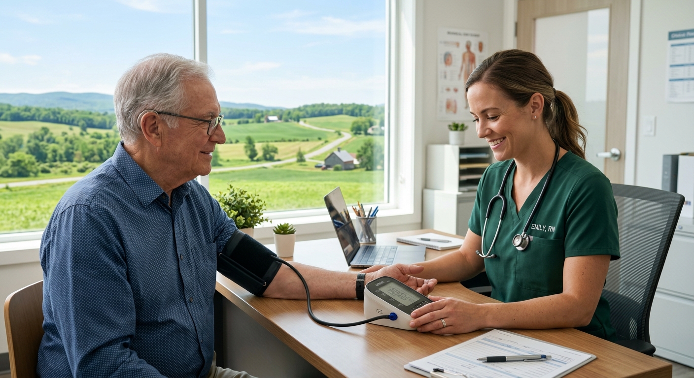Healthcare professional performing a blood pressure check on a patient in a rural health clinic with a countryside landscape view.
