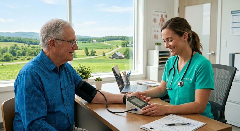 Healthcare professional performing a blood pressure check on a patient in a rural health clinic with a countryside landscape view.